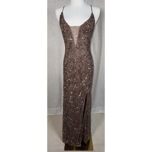 Galina Signature Espresso Sequin Beaded Sz 6 Plunge Strappy Gown Dress